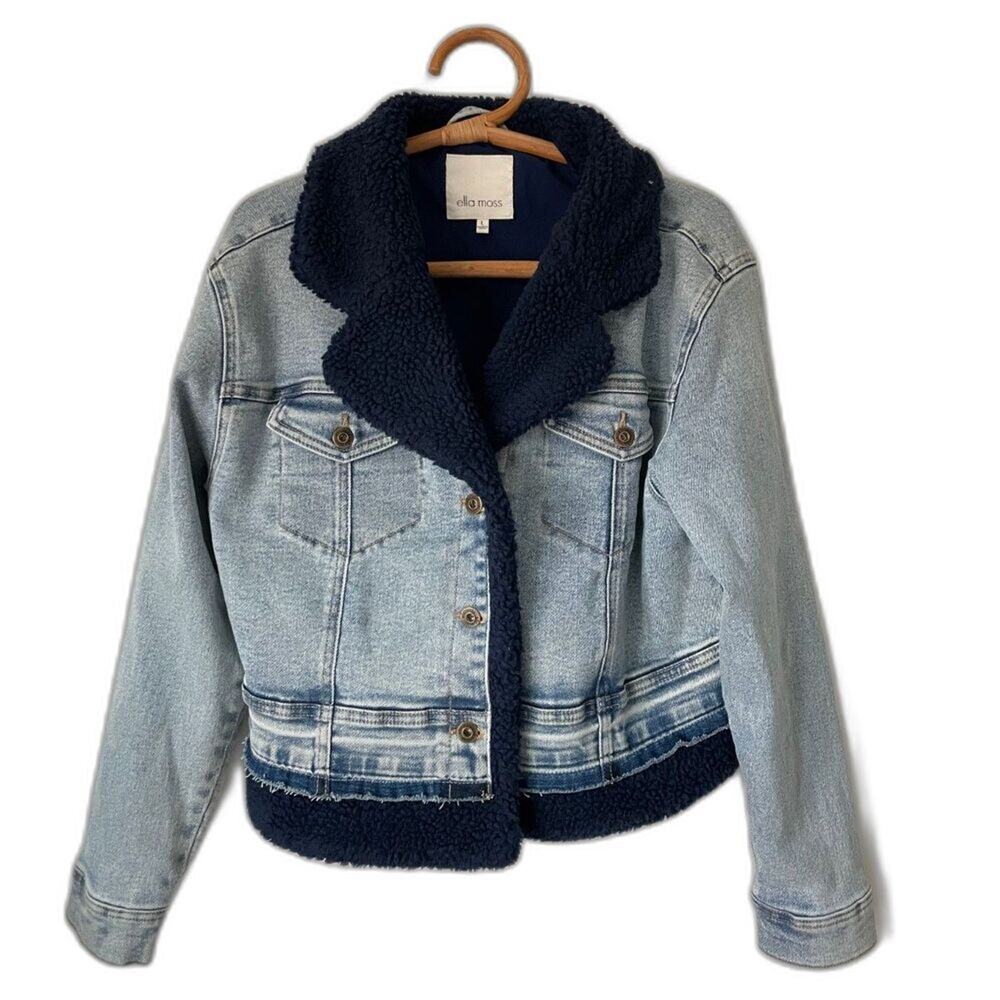 Ella Moss Sherpa Lined Denim 90s Y2K Acid Washed Retro Jean Jacket Large $90 - Picture 2 of 10